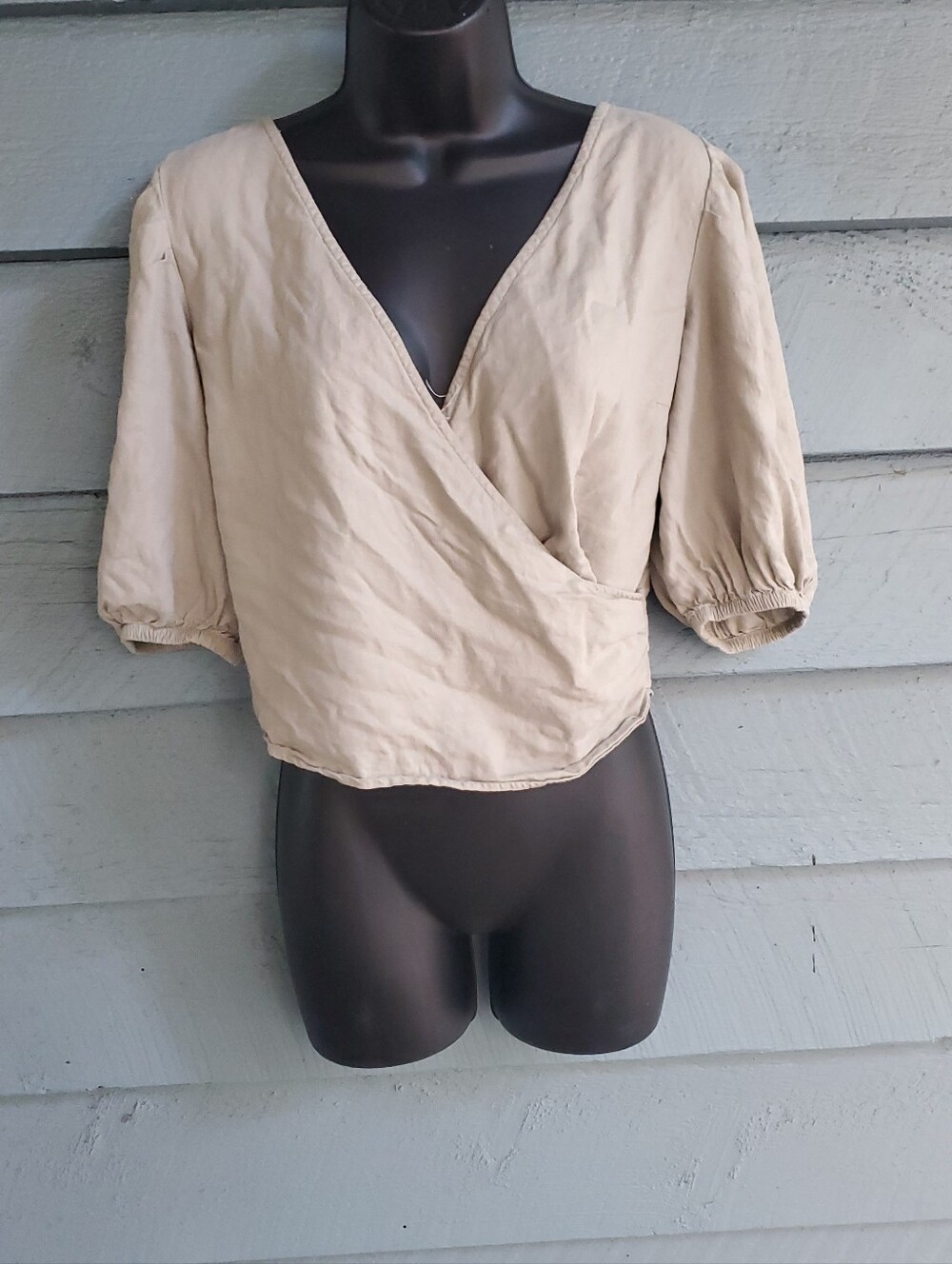 Abercrombie & Fitch Beige Wrap V-Neck Puff Sleeve Top